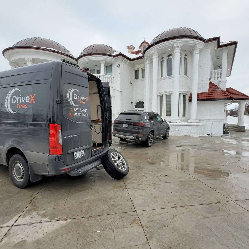 DriveX Tires mobile shop at a residential service call
