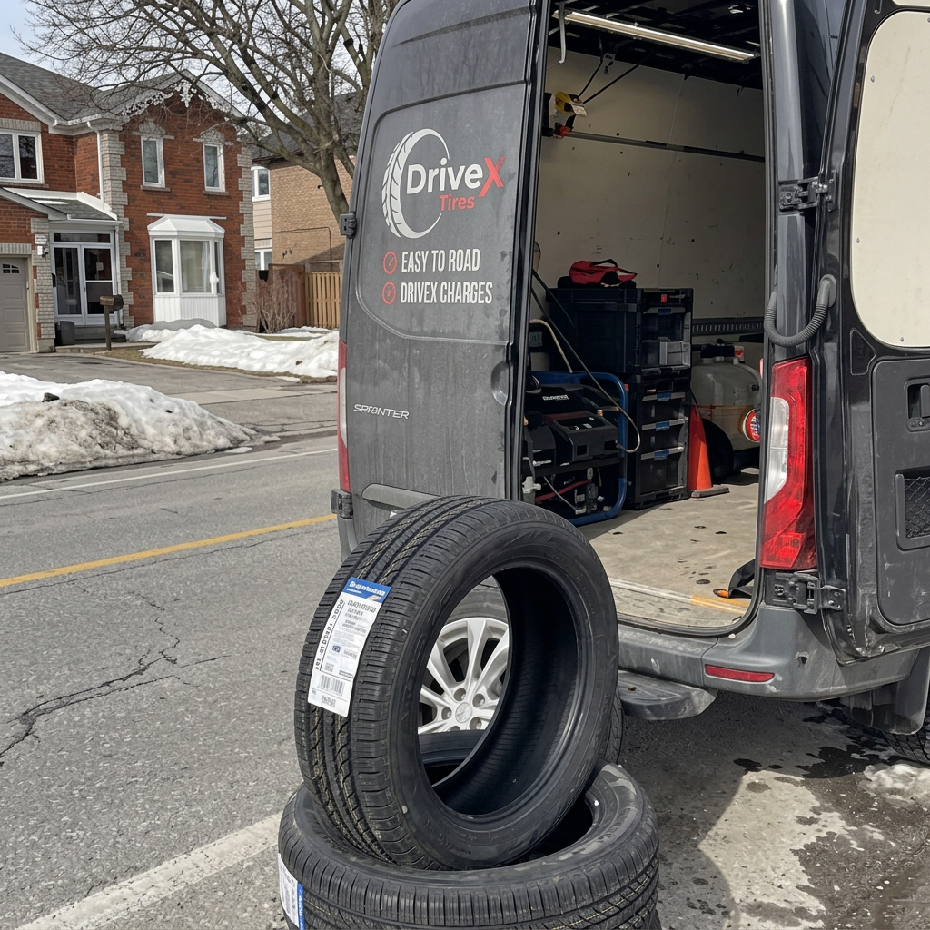 New tires ready for install beside DriveX Tires van